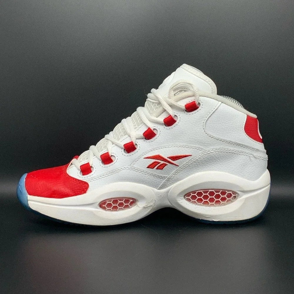 Reebok Question Mid White Red Basketball Shoes J98948 Men's Sz‎ 7 Women's Sz 8.5